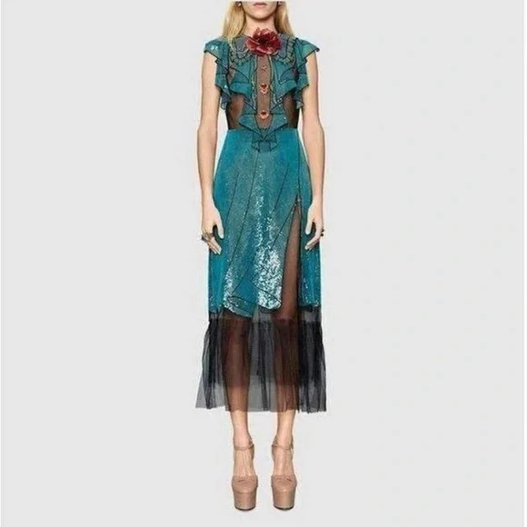 Gucci Blue Sequin Runway Dress 4 - Picture 1 of 9